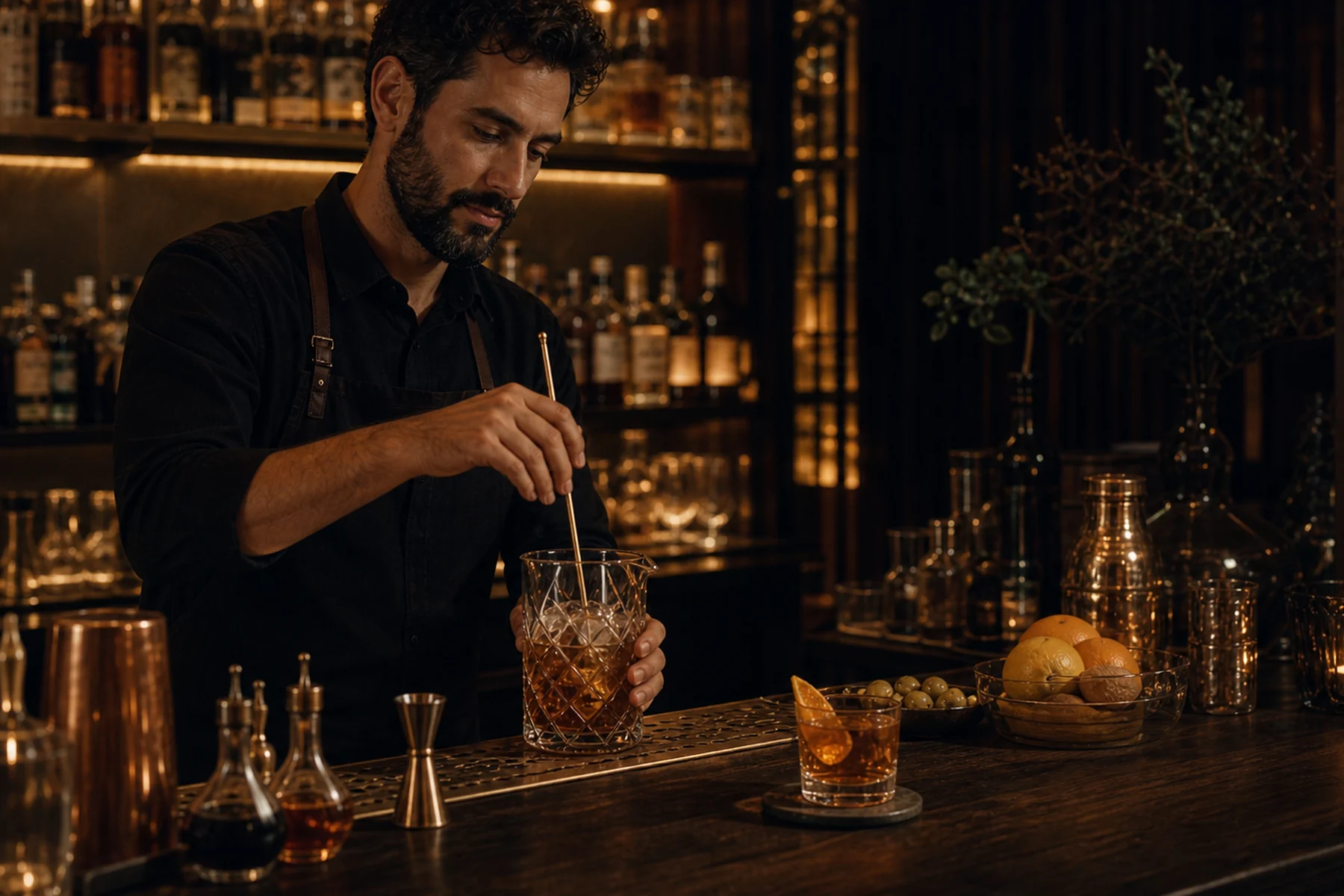 Barmenin amber tonlu bir kokteyl hazırlaması
